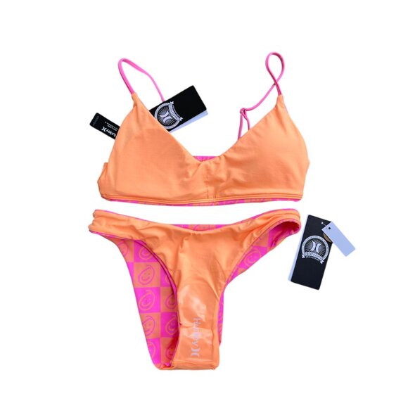 🌸 Hurley Smiley Checker Bikini Set XS Neon Pink Orange Swim Top & Bottom - Picture 7 of 7
